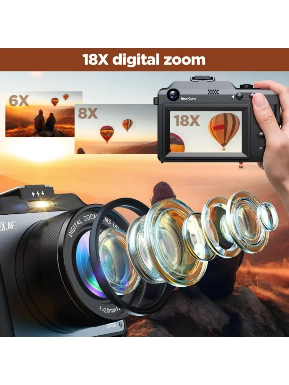 64MP 4K Digital Camera for Photography & Vlogging, Dual Lens, 18X Zoom, Compact